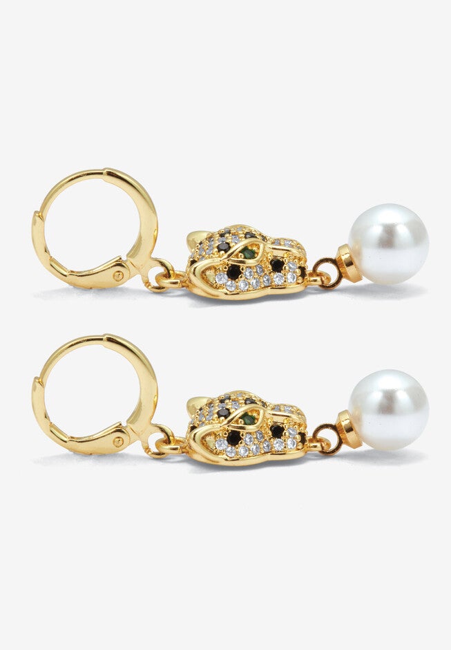 Round Simulated Pearl And Crystal Goldtone Drop Earrings, 22X12Mm, , on-hover image number null