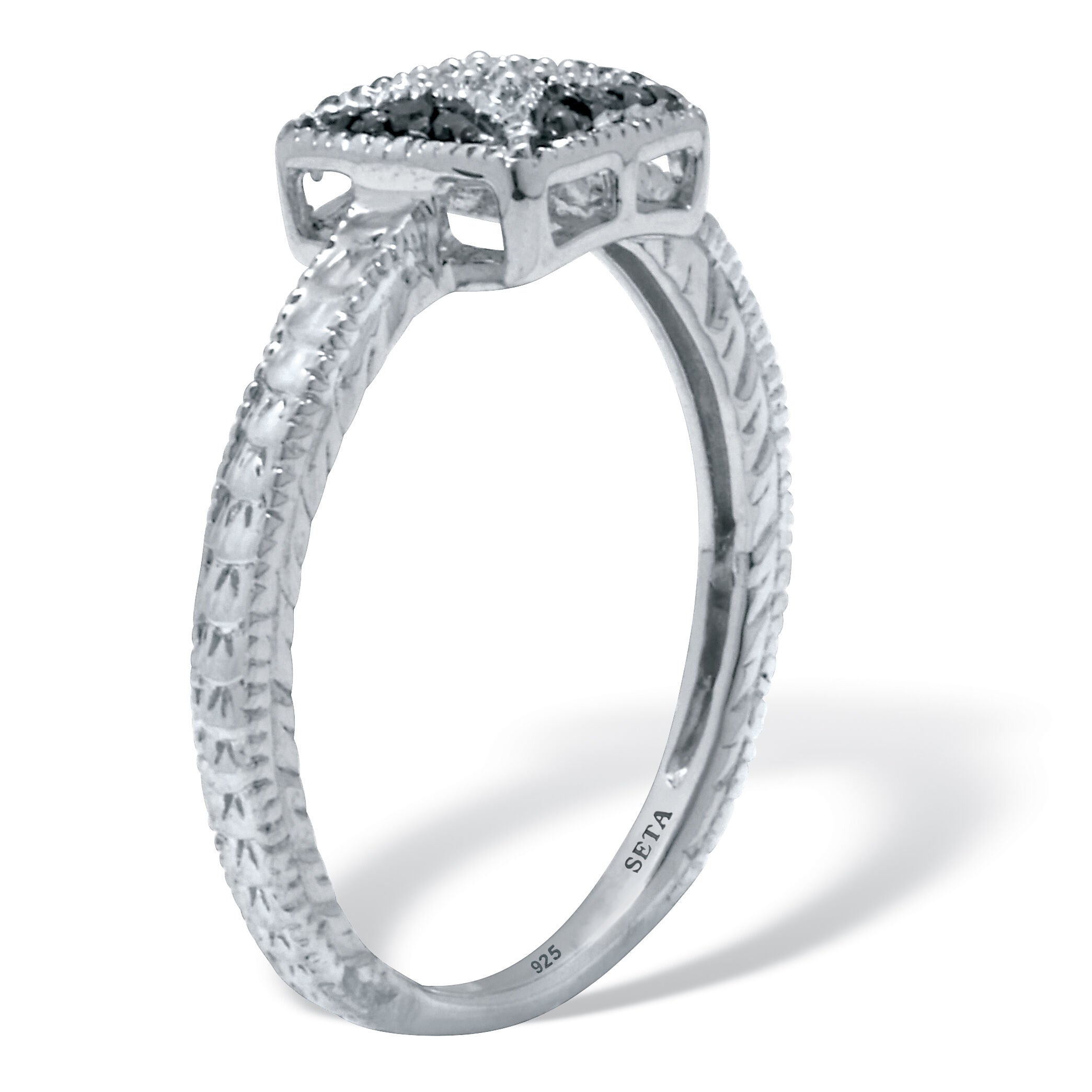 .10 TCW Black and White Diamond Sterling Silver Square Ring, WHITE, on-hover image number 1