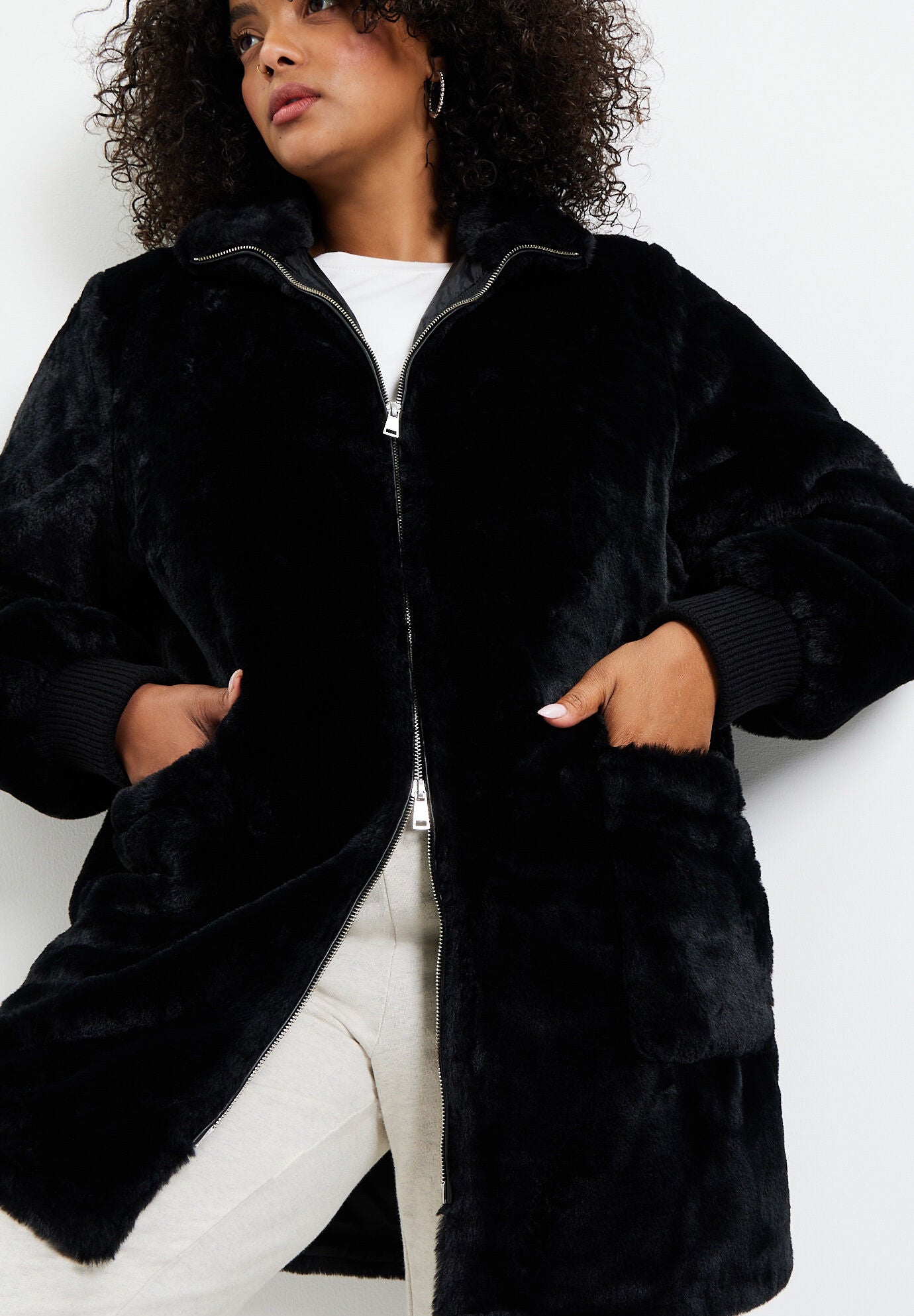 Faux fur coat with zipper clearance