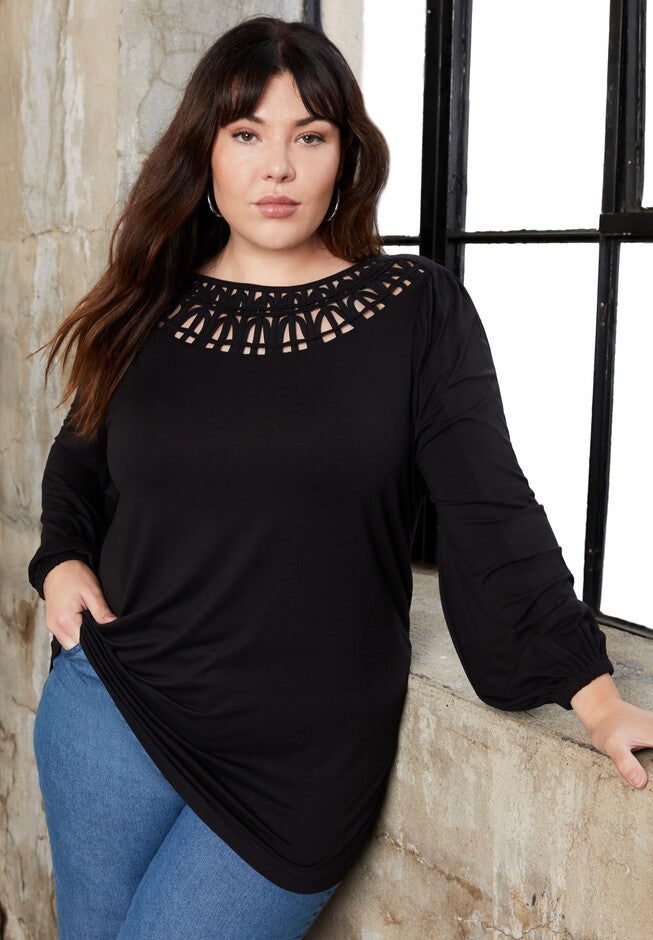 Crochet Scoop-Neck Tunic, BLACK, hi-res image number 0