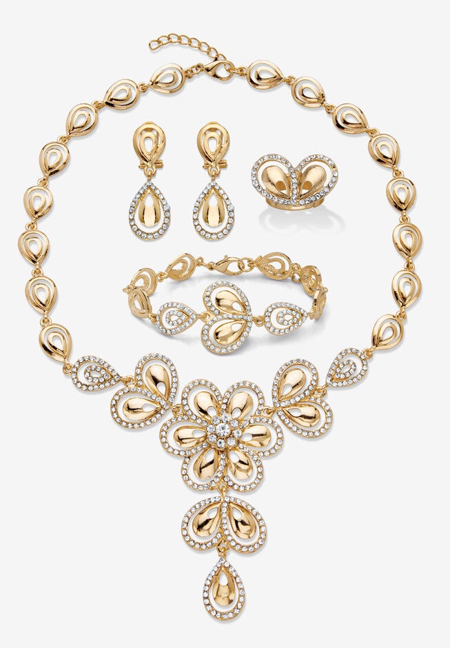 Goldtone Crystal Teardrop Halo Jewelry Set, GOLD, hi-res image number 0