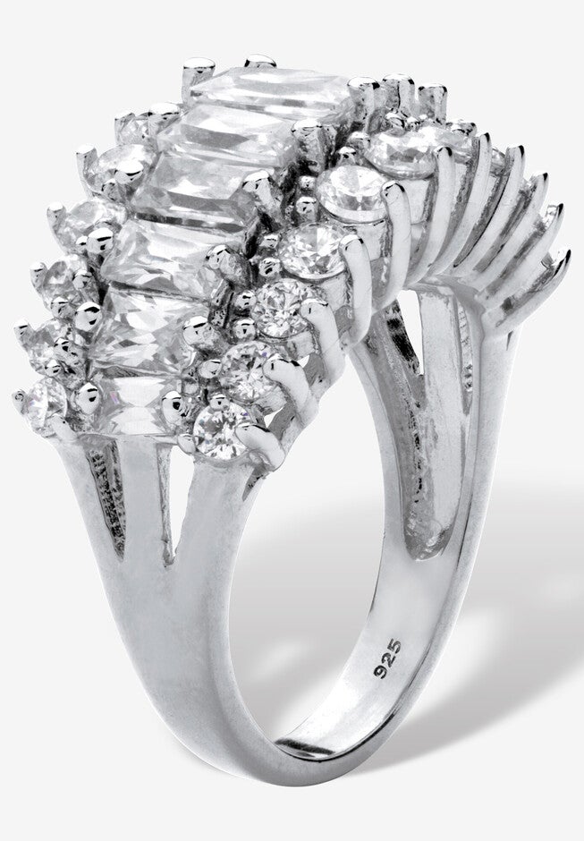 4.38 Cttw. Emerald-Cut Cubic Zirconia Platinum-Plated Silver Engagement Ring, , on-hover image number null