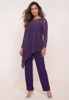 Plus-Size Asymmetrical Lace Pant Set –Long Sleeve Lace Scalloped Tunic & Elastic Waist Pants