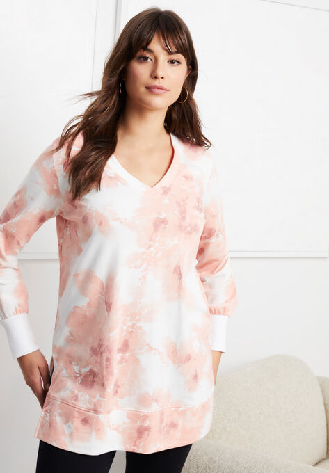 V-Neck French Terry Sweatshirt, SOFT BLUSH TIE DYE BOUQUET, hi-res image number null