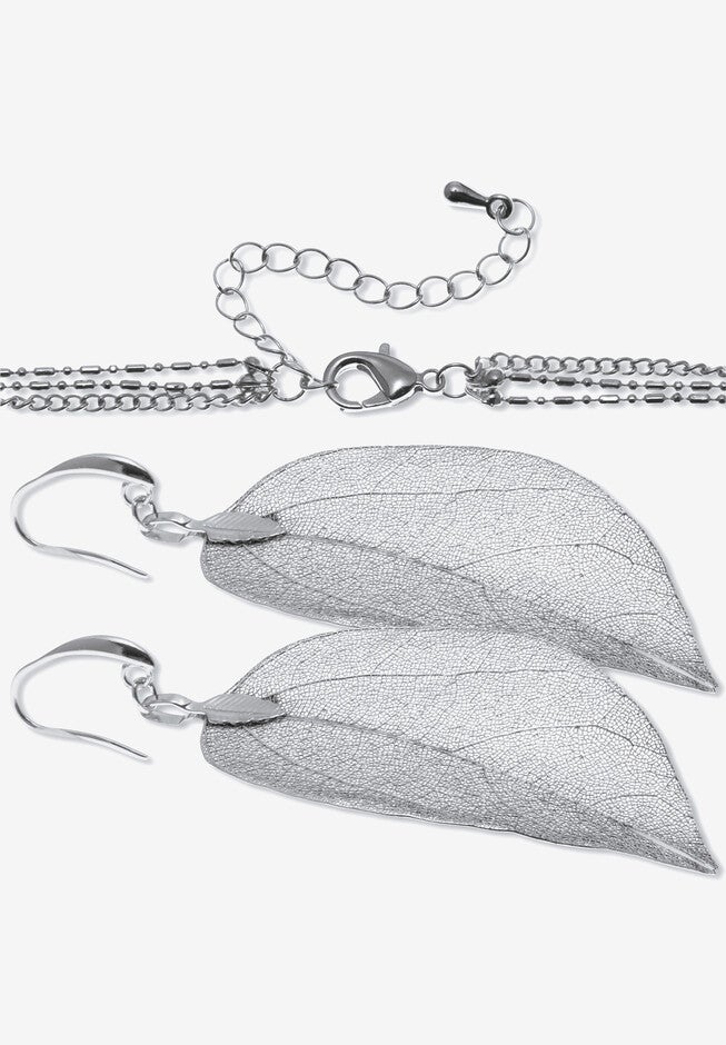 Silvertone Leaf Necklace And Drop Earrings Set, 26 Inches, Plus 2 Inch Extension, , on-hover image number null
