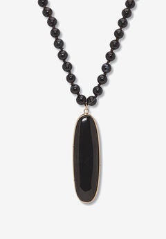 Genuine Black Agate Goldtone Bezel Set Oval Cabochon Beaded Necklace 34 Inch