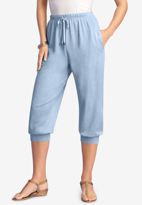 Drawstring Soft Knit Capri Pant, PALE BLUE, hi-res image number null