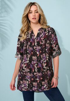 Plus Size Pintuck Tunic Blouse – Y-Neck & Roll-Tab Sleeves