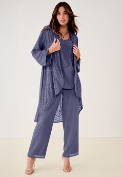 Plus Size Beaded Georgette Scoop Neck 3-Piece Pant Set