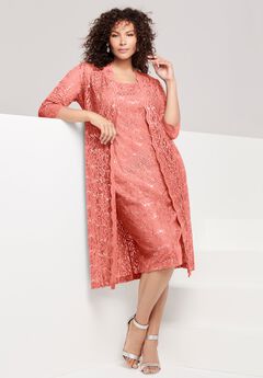 Plus Size 3/4 Sleeve Formal Duster Sequin – Embellished Lace Dress Set