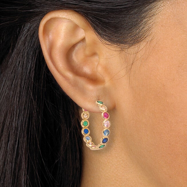 3 TCW Round Rainbow Cubic Zirconia Gold-Plated Hoop Earrings, GREEN, alternate image number null