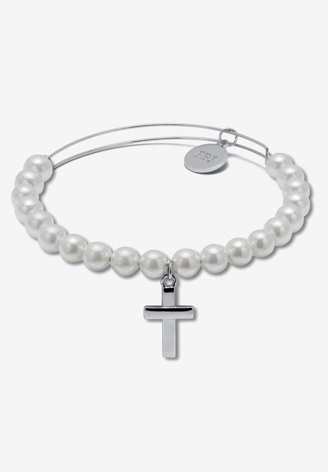 Genuine Cultured Freshwater Pearl Silvertone Cross Charm Bangle, 7.5 Inches, PEARL SILVER, hi-res image number null