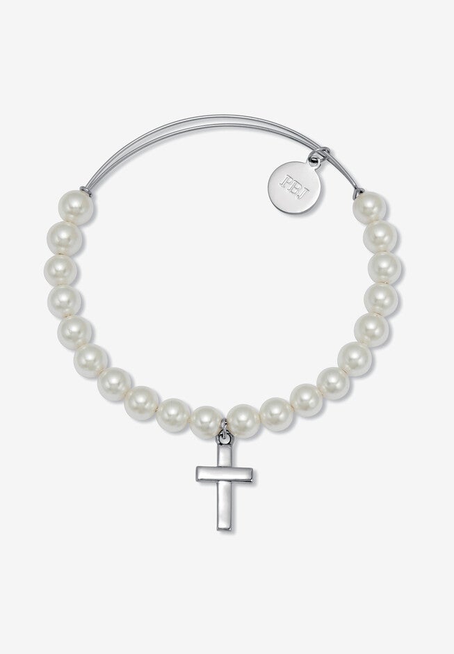 Genuine Cultured Freshwater Pearl Silvertone Cross Charm Bangle, 7.5 Inches, , on-hover image number null