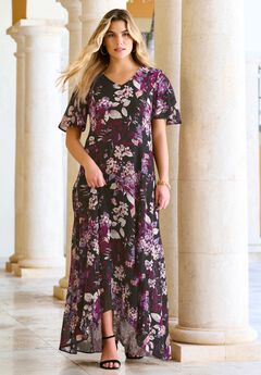 Plus Size Hand Crinkled Flutter-Sleeve Maxi Dress
