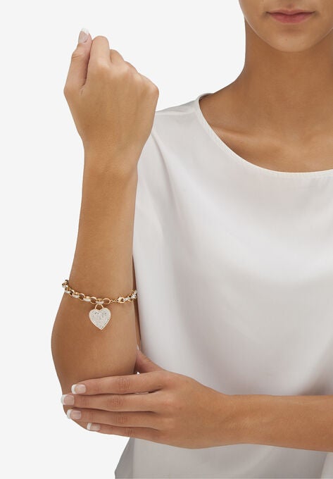 Diamond Accent 18K Gold-Plated Heart Charm Rolo-Link Bracelet 7.75", , alternate image number null