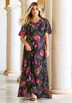 Plus Size Hand Crinkled Flutter-Sleeve Maxi Dress