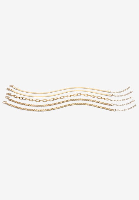 5 Piece Herringbone, Curb & Cable Link Ankle Bracelet Set Goldtone 9" Length Jewelry, GOLD, hi-res image number null