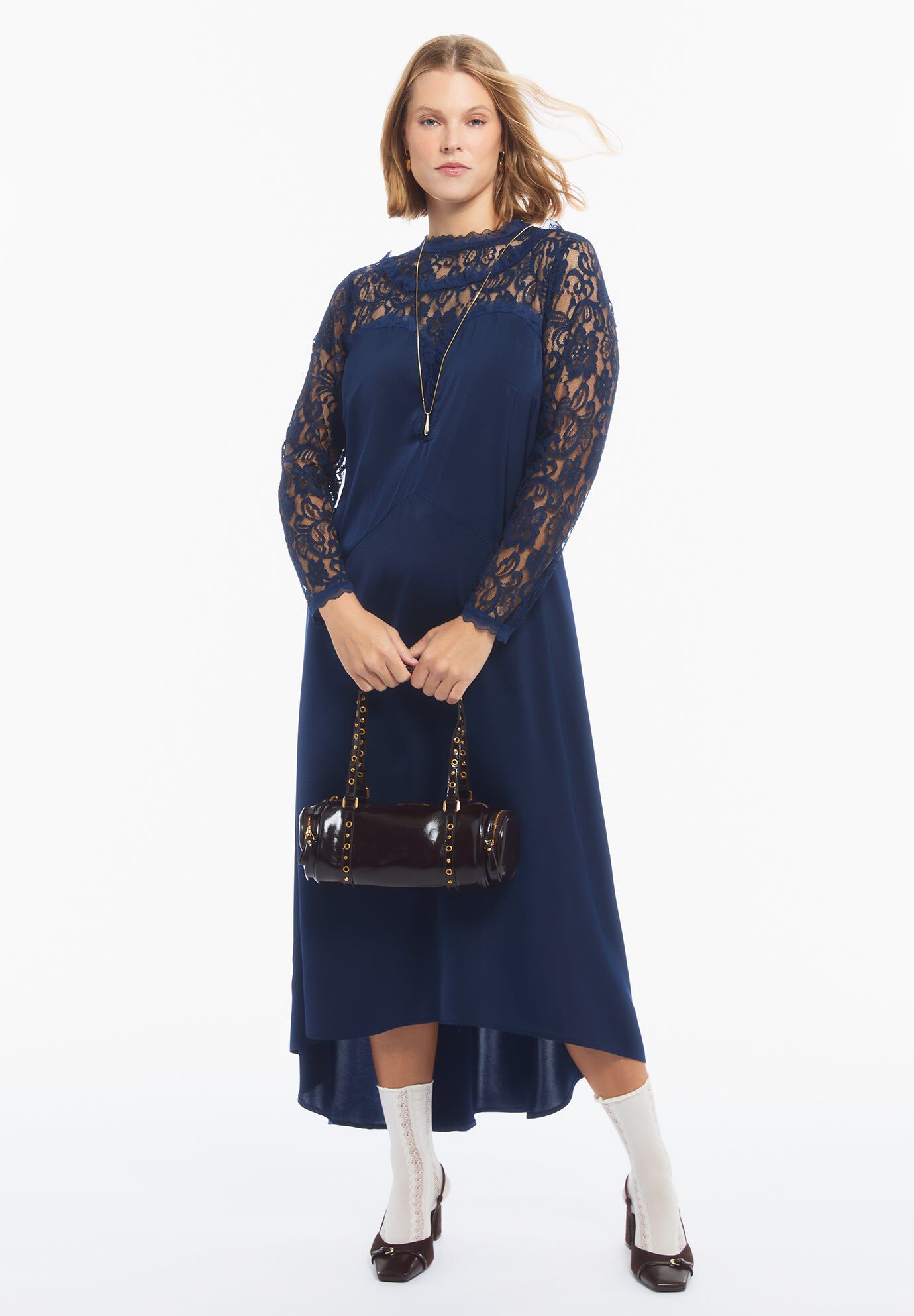 Lace Long Sleeve Satin Midi Dress