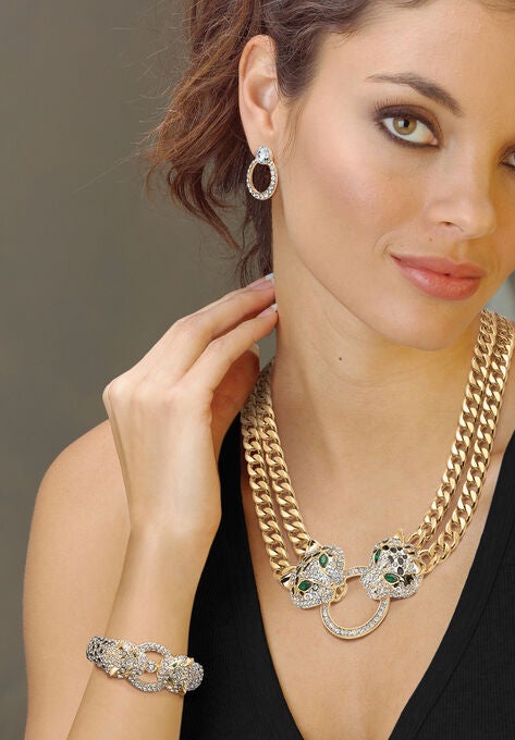 Gold Tone Leopard Collar Necklace, Earring and Bracelet Set, , alternate image number null