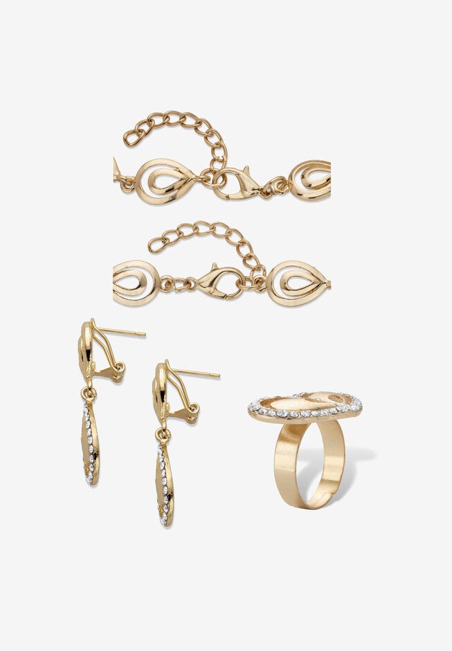Goldtone Crystal Teardrop Halo Jewelry Set, , on-hover image number 1