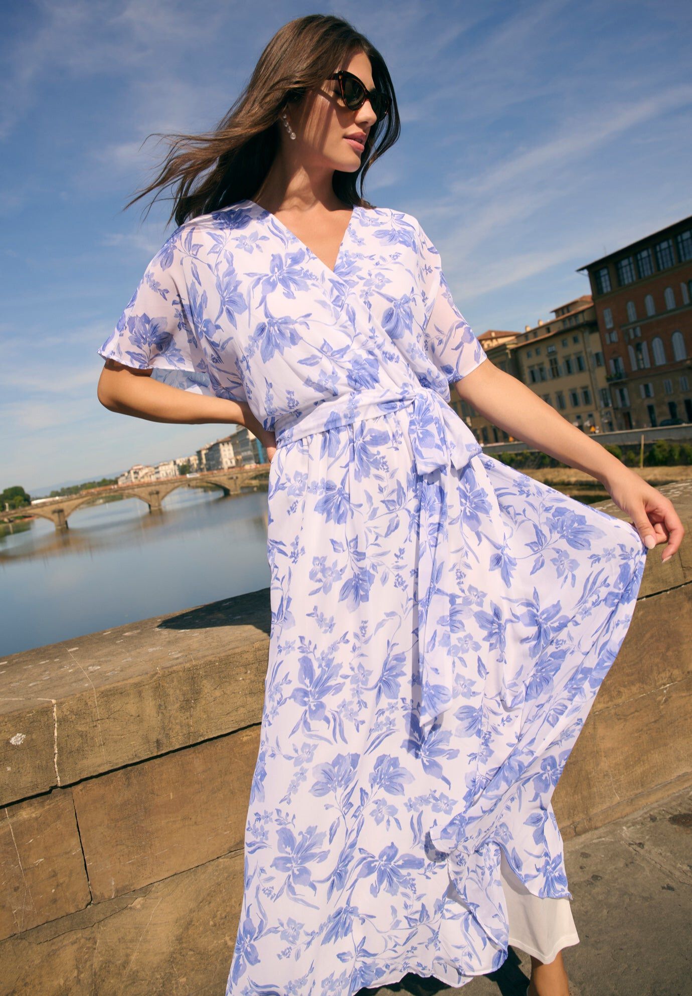 Chiffon Kimono Sleeve Maxi Dress, BLUE IVORY, hi-res image number 0