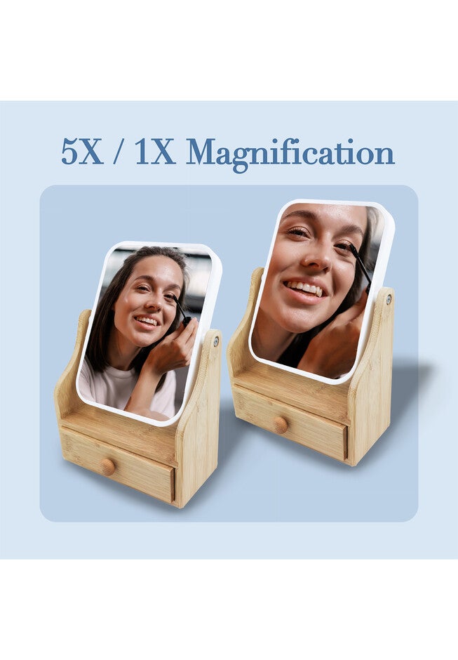 Dual Sided Mirror With Organizer Tray, Bamboo Base Drawer • 360° Rotation • 5X/ 1X Magnification, , alternate image number null
