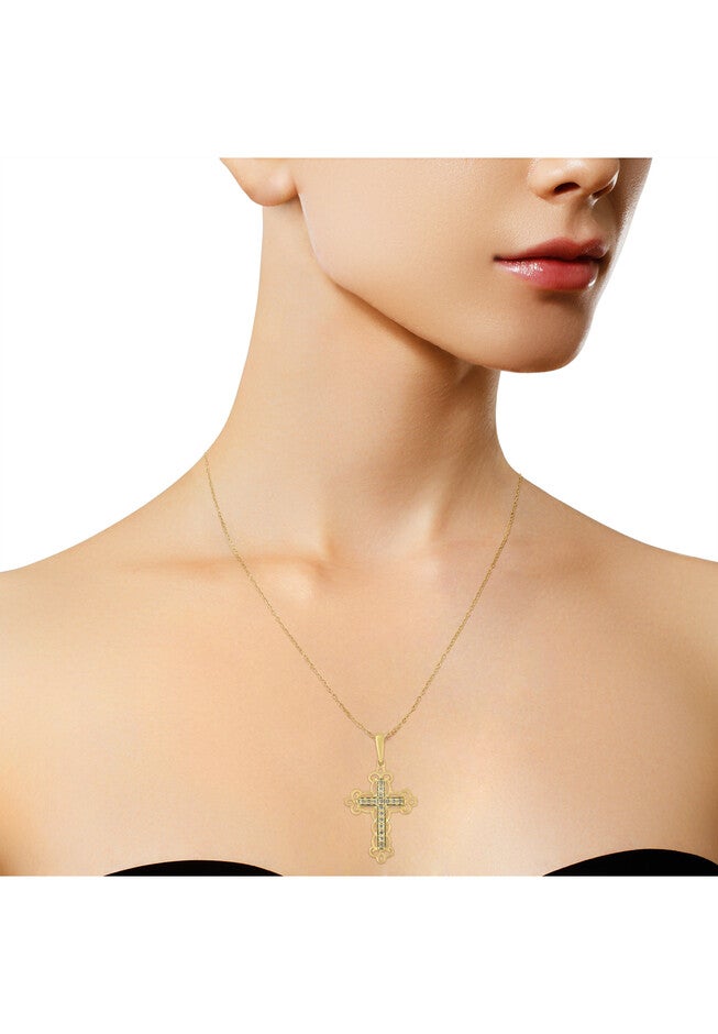 Yellow Flashed Sterling Silver Champagne Diamond Filigree Cross Pendant Necklace, , alternate image number 3