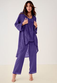 Plus Size Beaded Georgette Scoop Neck 3-Piece Pant Set
