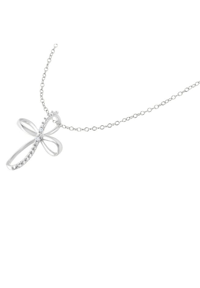Sterling Silver Diamond Accent Cross Ribbon Pendant Necklace, , alternate image number 2