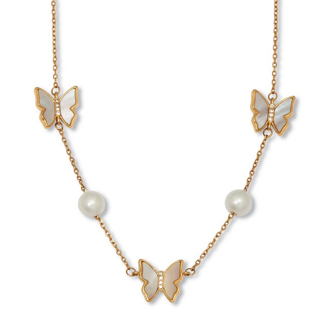 Mother of Pearl Gold Ion-Plated Stainless Steel Butterfly Necklace 18-inch, WHITE, hi-res image number 0