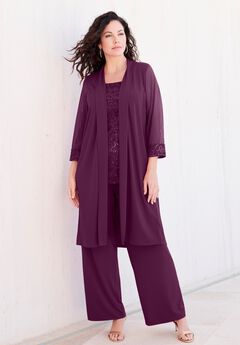 Plus-Size 3 Piece Knit Embellished Pant Set