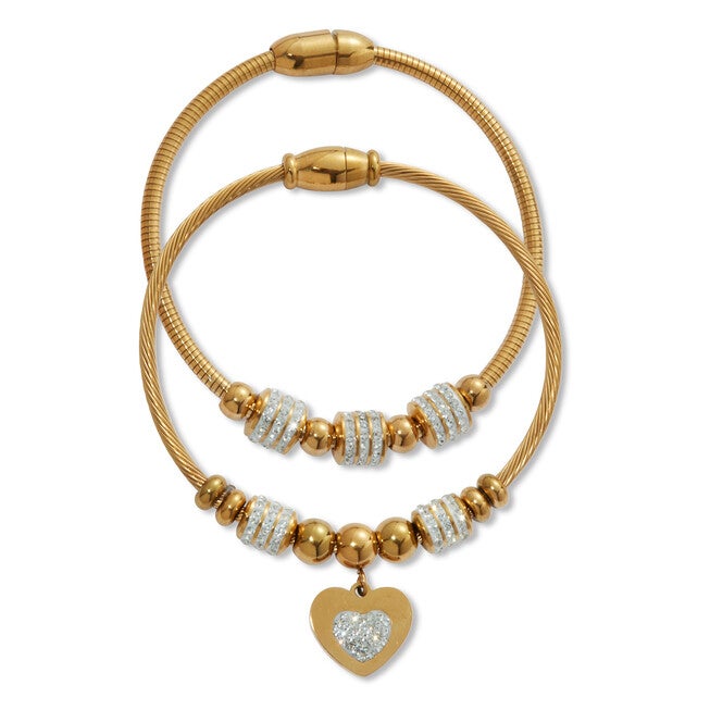 Round Crystal Gold Ion-Plated Stainless Steel Heart Charm Bracelet Set 7-inch, WHITE, on-hover image number null