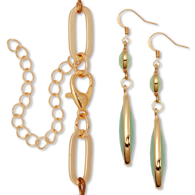 Opaque Green Crystal and Genuine Aventurine Goldtone Jewelry Set, GREEN, on-hover image number null