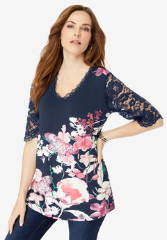 Plus Size Lace Sleeve Printed Tee