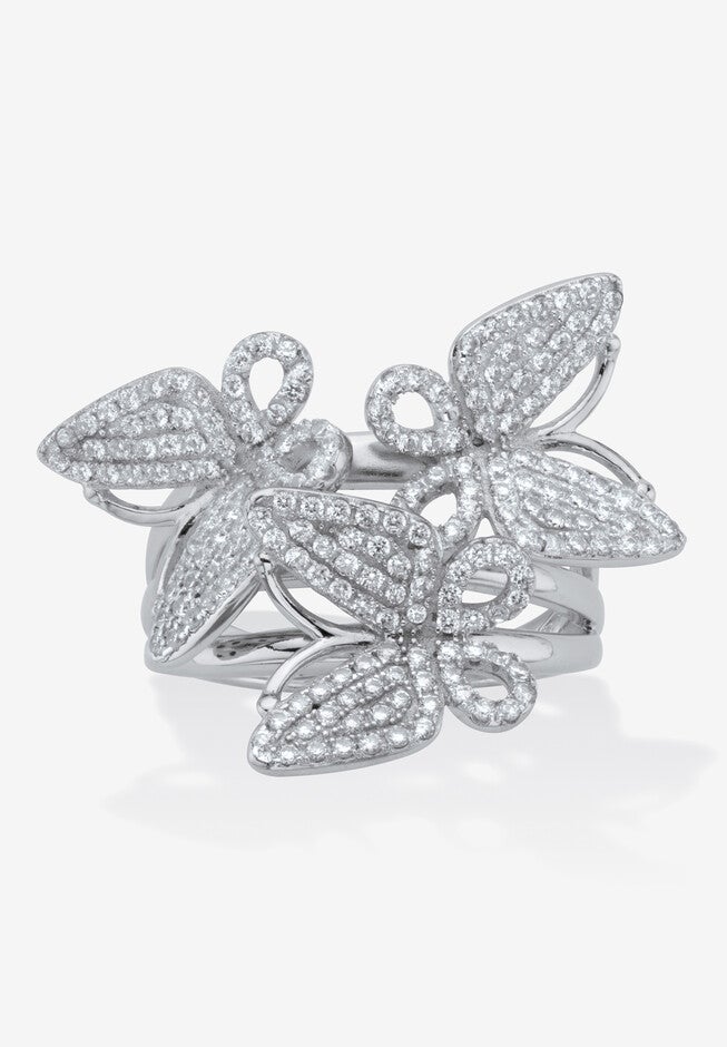 Silvertone Round Pave' Cubic Zirconia Butterfly Ring, CUBIC ZIRCONIA, hi-res image number 0