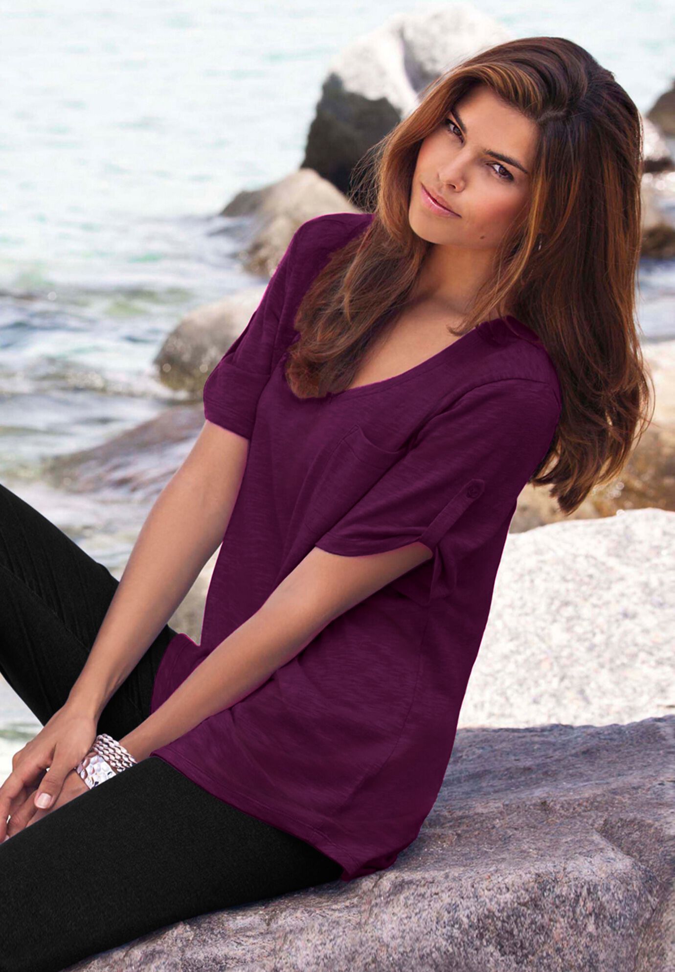 Plus Size Slub V-Neck Boyfriend Tunic Top, , alternate image number 7