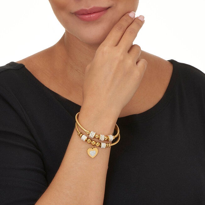 Round Crystal Gold Ion-Plated Stainless Steel Heart Charm Bracelet Set 7-inch, WHITE, alternate image number null