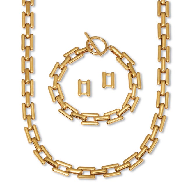 Yellow Gold Ion-Plated Stainless Steel Square Link Jewelry 3-Piece Set, GOLD, hi-res image number null