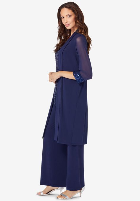 Three-Piece Lace & Sequin Duster Pant Set, , alternate image number null
