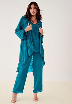 Plus Size Beaded Georgette Scoop Neck 3-Piece Pant Set