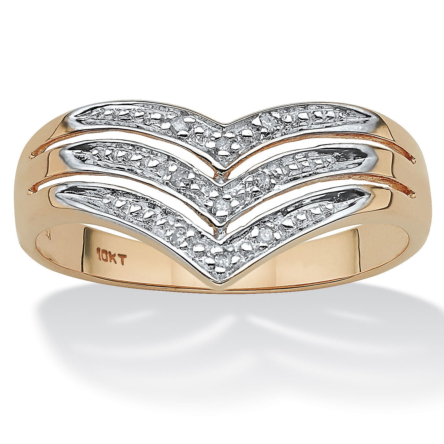 White Diamond Accent 10k Yellow Gold Triple-Row Chevron Ring, WHITE, hi-res image number 0