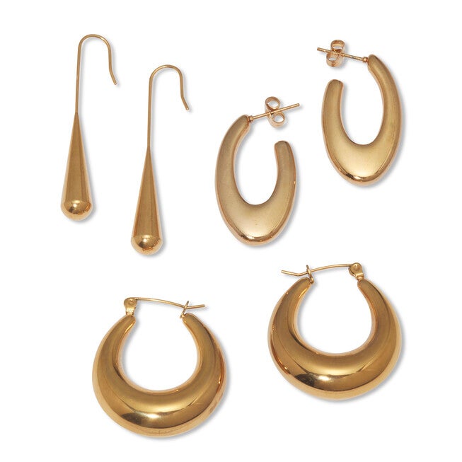 Yellow Gold Ion-Plated Stainless Steel Hoop Earrings, 3-Pair Set, GOLD, on-hover image number null