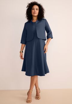 Plus Size Elbow Sleeve Fit-and-Flare Dress with Bolero Jacket – 2-Piece Suit