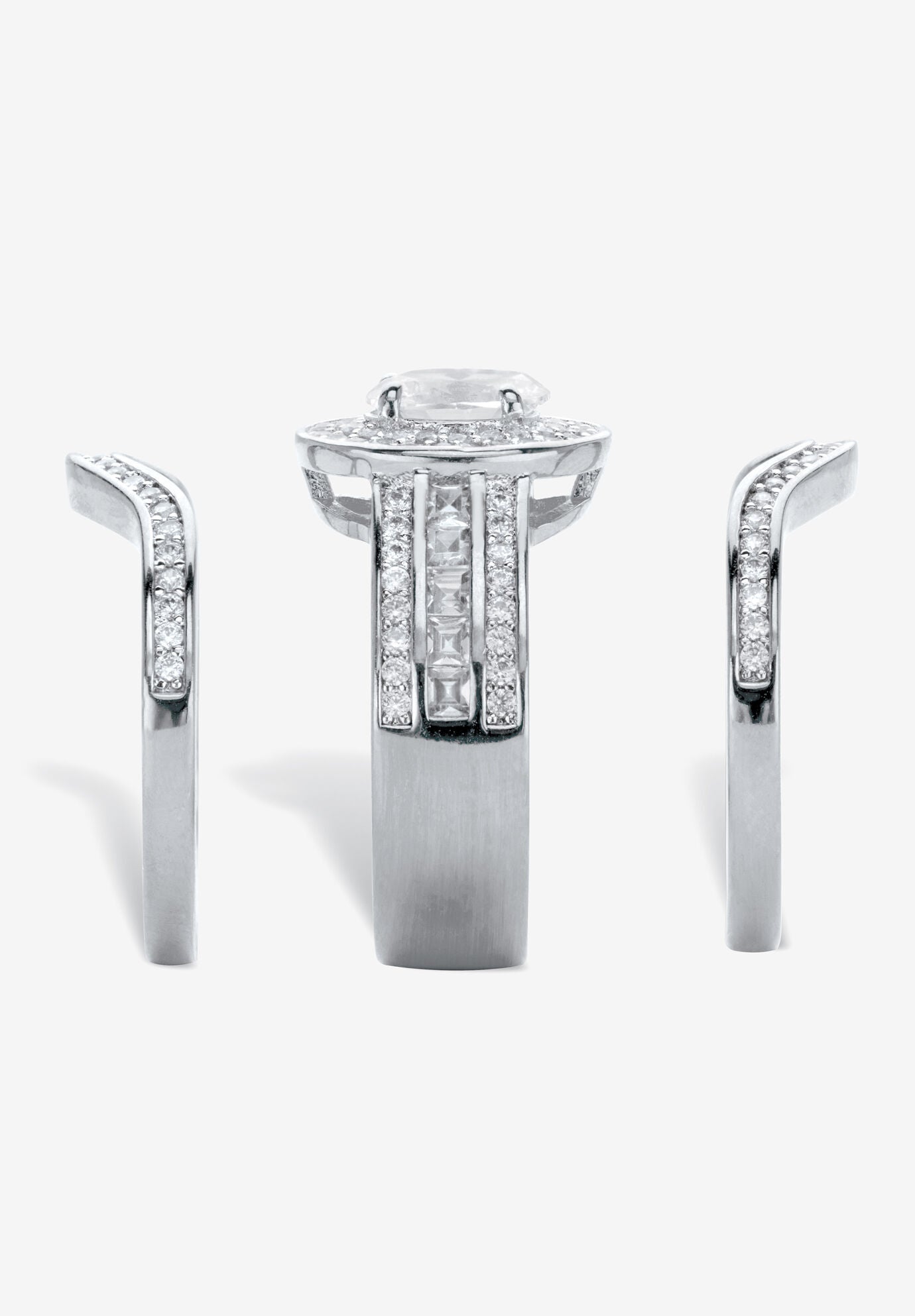 2.60 Cttw. Oval Cubic Zirconia Platinum-Plated Halo Scalloped Wedding Ring Set, , on-hover image number 1