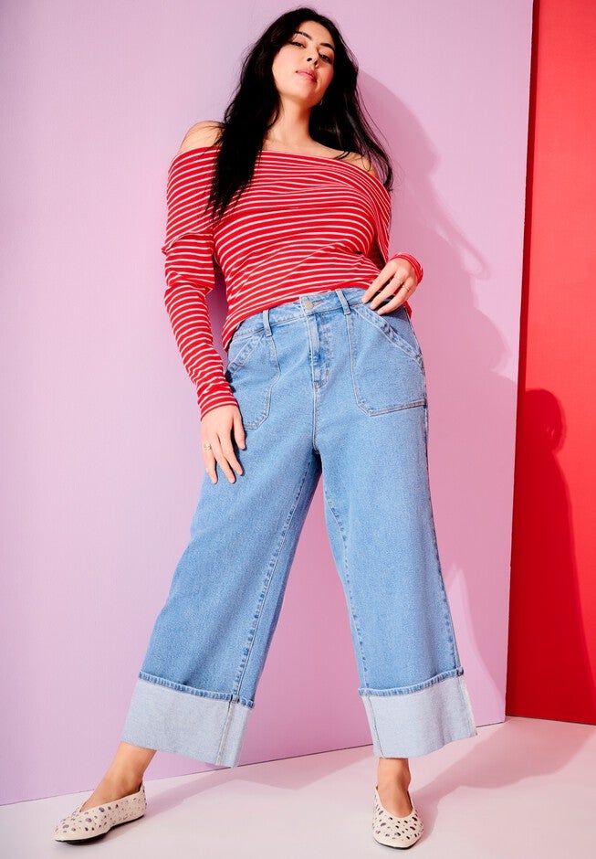 Wide-Leg Cropped Cuffed Jeans, MEDIUM VINTAGE WASH, hi-res image number null