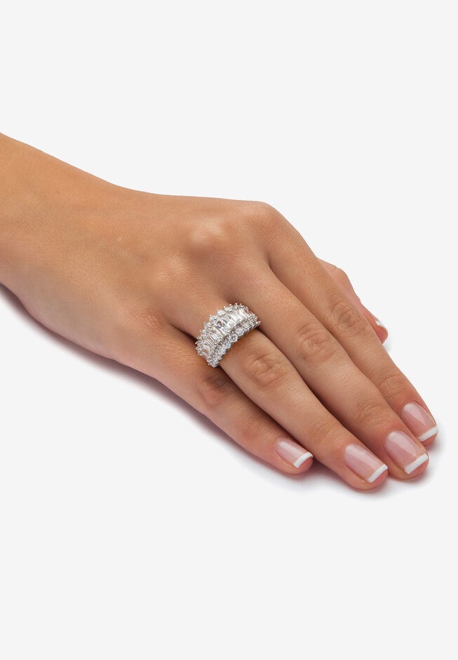 4.38 Cttw. Emerald-Cut Cubic Zirconia Platinum-Plated Silver Engagement Ring, , alternate image number null