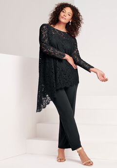 Plus-Size Asymmetrical Lace Pant Set –Long Sleeve Lace Scalloped Tunic & Elastic Waist Pants