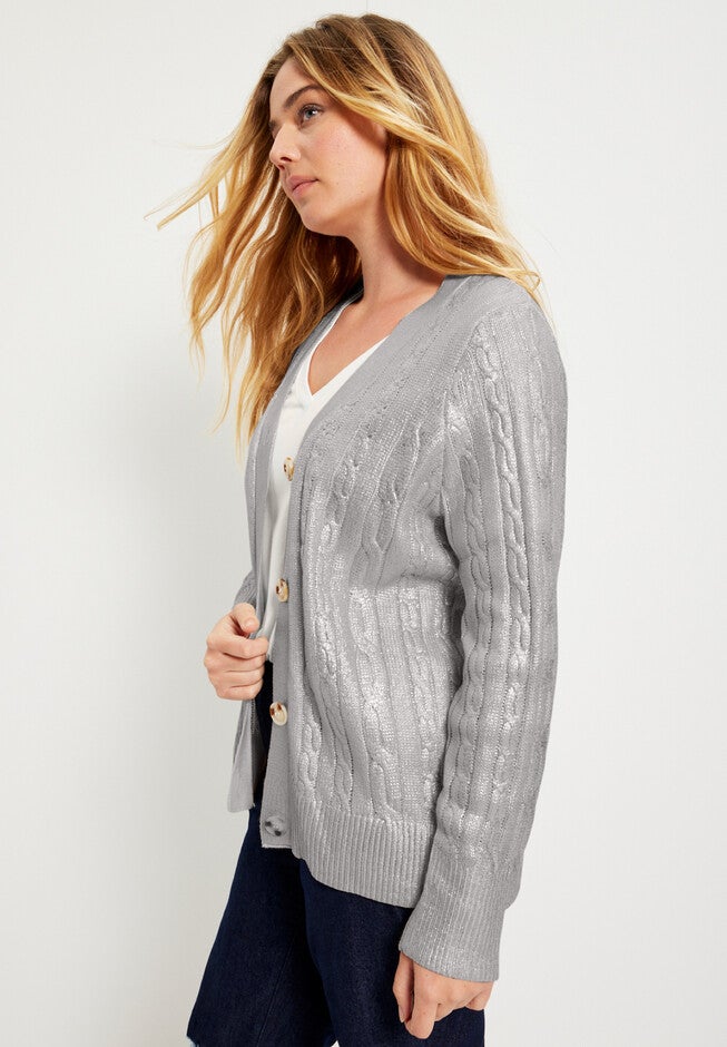 Metallic Cable-Knit Cardigan, , alternate image number null