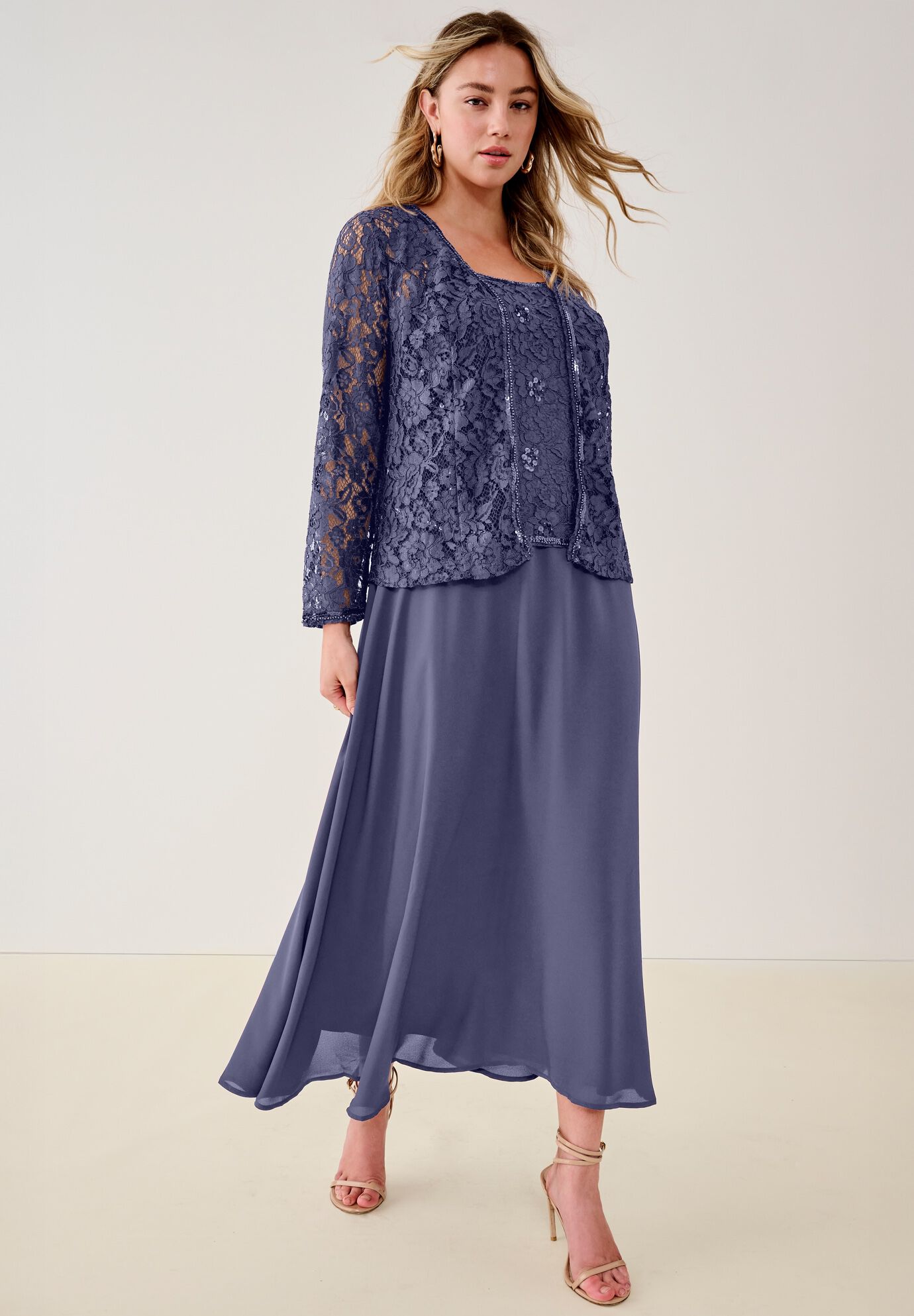 Plus-Size 2 Piece Long Sleeve Embellished Lace Jacket and Full Gown