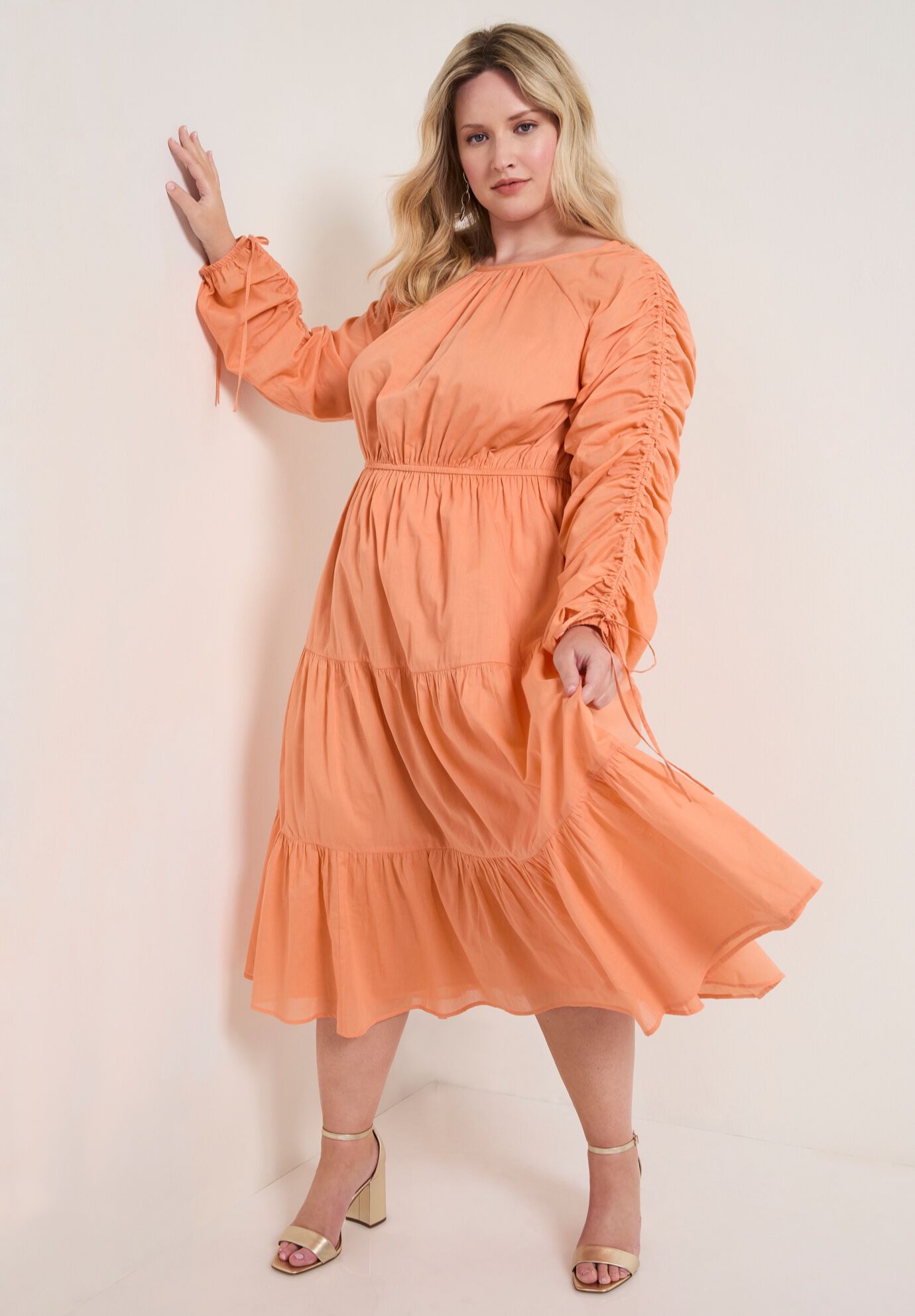 Cotton Voile Ruched Midi Dress